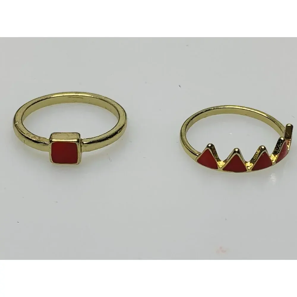Set of 2 Gold Tone Rings with Orange Painted Design, Size 9